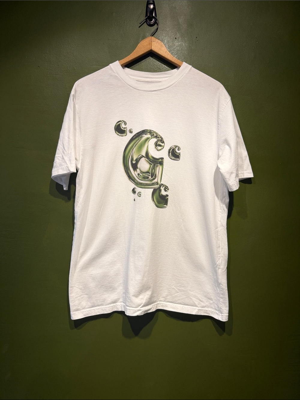 Carhartt WIP White Graphic T-Shirt with Green Metallic Bubble Design